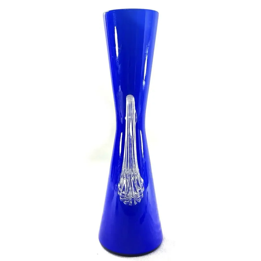 Cobalt Blue Art Glass Pitcher 10.75” Clear Applied Handle Modern Vase - Picture 4 of 6